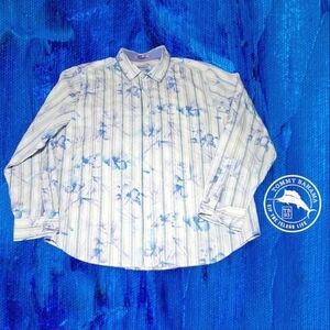 Tommy‎ Bahama Silk Cotton Blend L/S Stripe Hibiscus Shirt Blue Lilac White XL